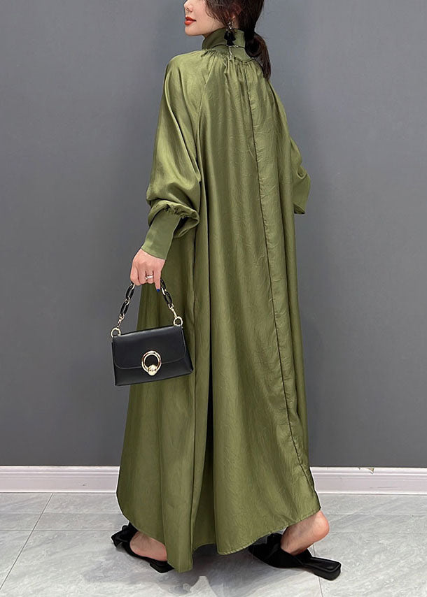 Modern Army Green High Neck Oversized Color Silk Dress Fall