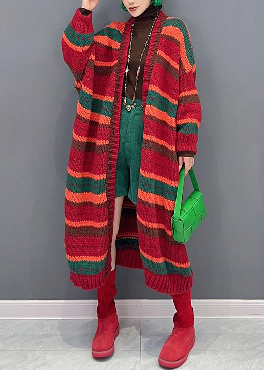 Red Striped V Neck Button Patchwork Knit Coat Fall