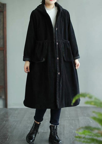 Classy Black Fine Maxi Coat Sewing Hooded Pockets Coats
