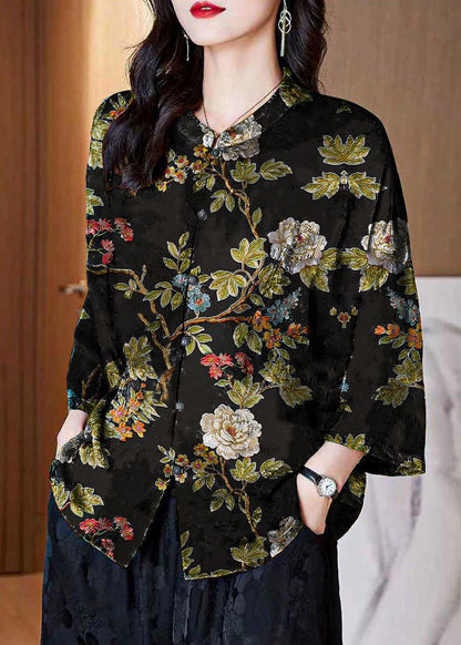 Black-texture Stand Collar Button Print Patchwork Silk Blouse Top Summer