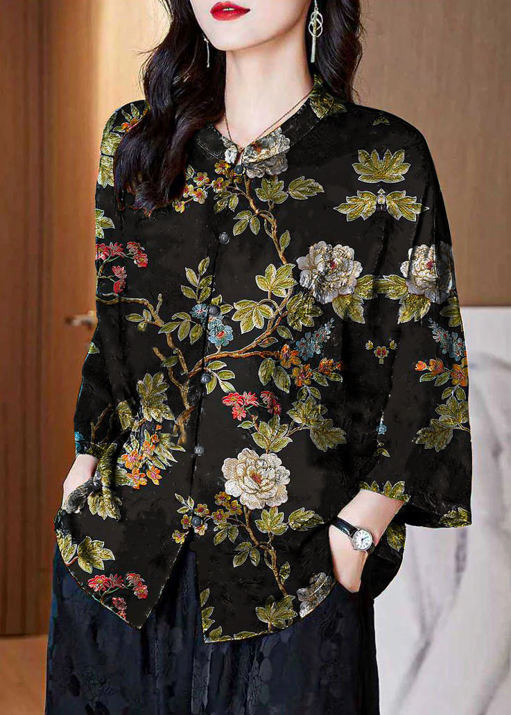 Black-texture Stand Collar Button Print Patchwork Silk Blouse Top Summer