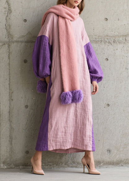 Colorblock O Neck Patchwork Cotton Dress Fall
