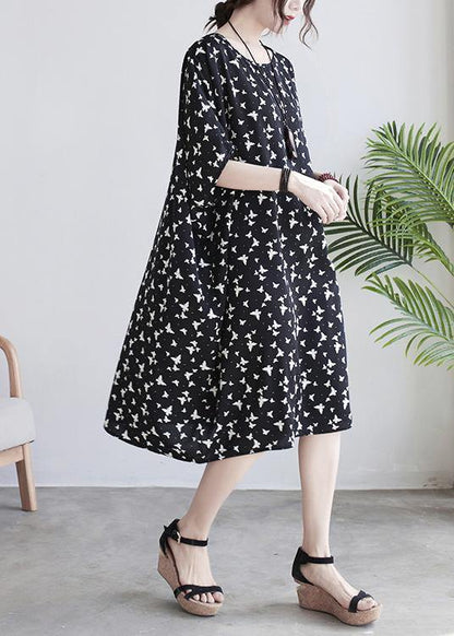 Art Black Butterfly Print Loose Spring Cotton Dress