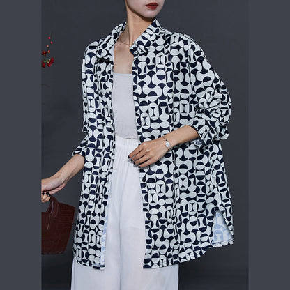French Black Oversized Print Chiffon Shirt Tops Summer