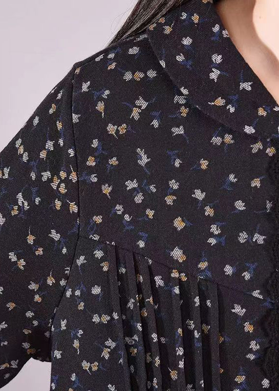 Black Print Pockets Wrinkled Patchwork Cotton Long Dresses Fall