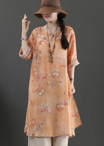 Orange Print Long Linen Top Summer