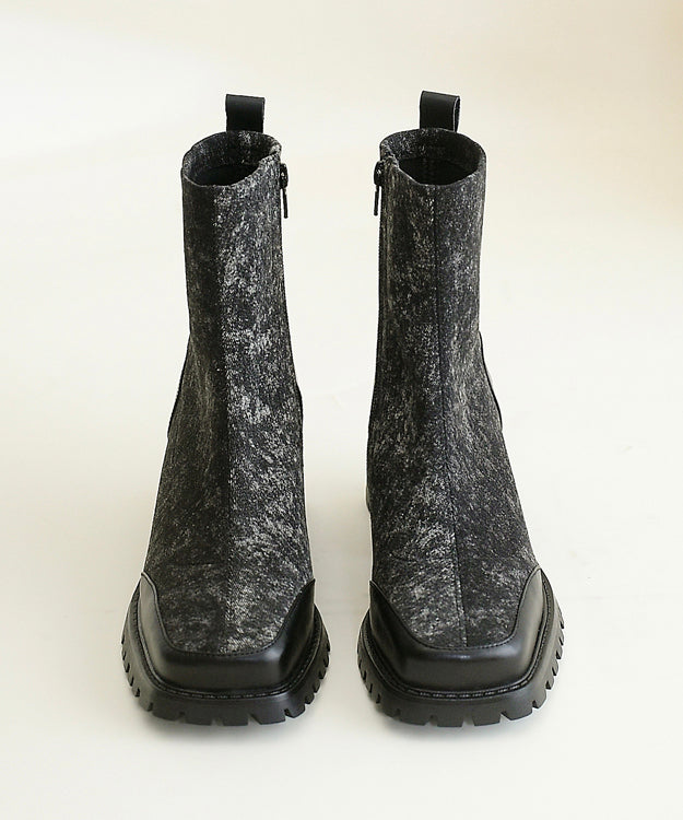 Blue Cowhide Leather Splicing Chunky Boots