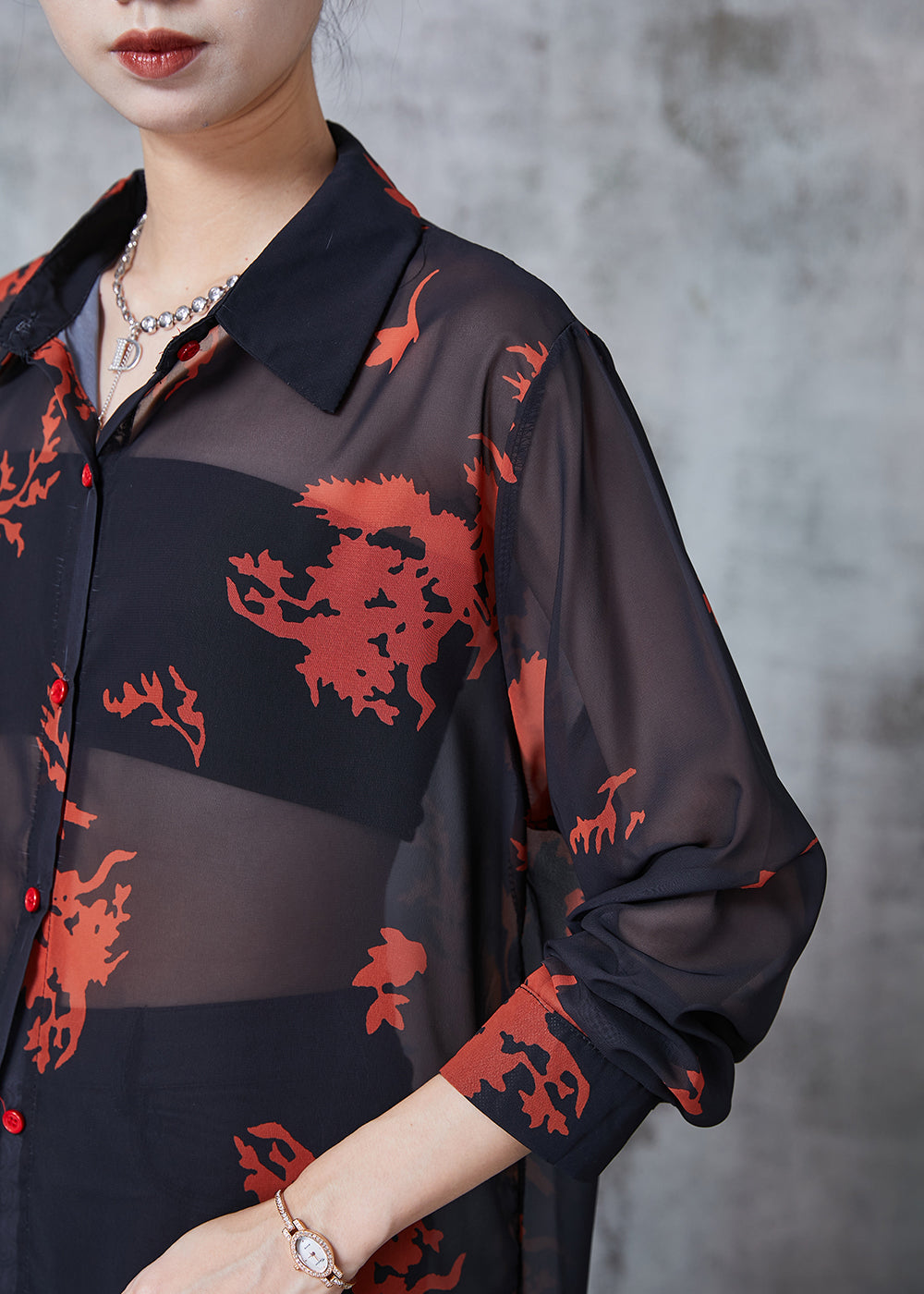 Black Print Chiffon Upf 50+ Blouse Top Oversized Summer