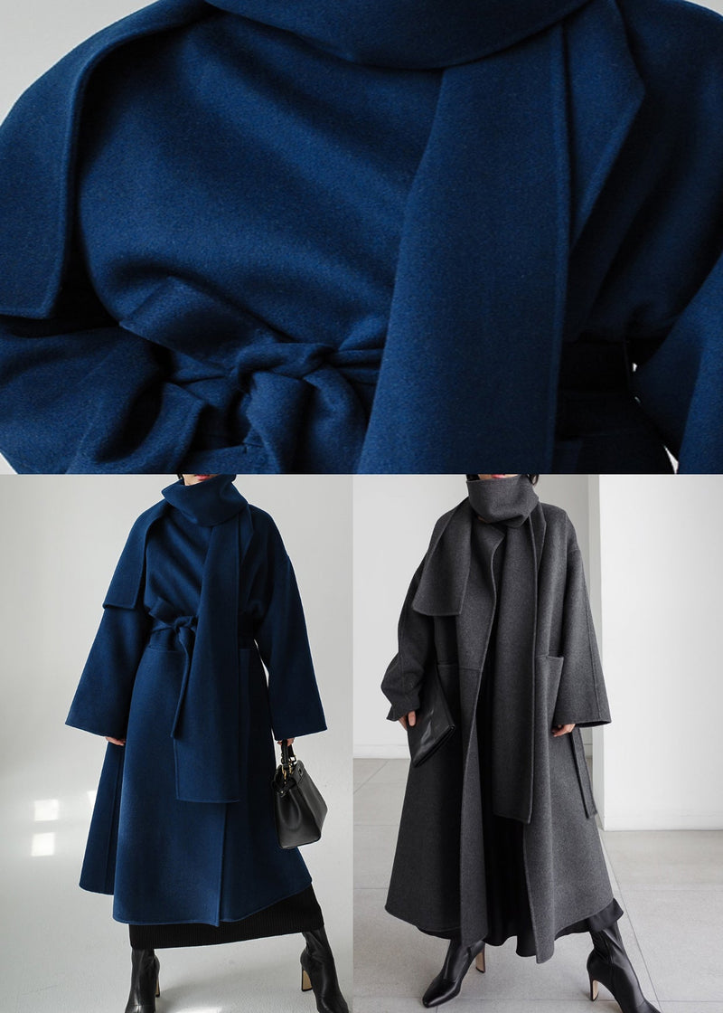 Blue Notched Tie Waist Woolen Coats Long Sleeve Winter