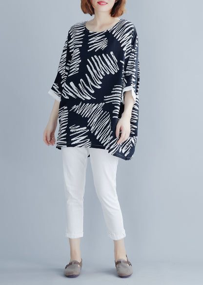 Black O-neck Asymmetrical Print Cotton Shirt Top Summer