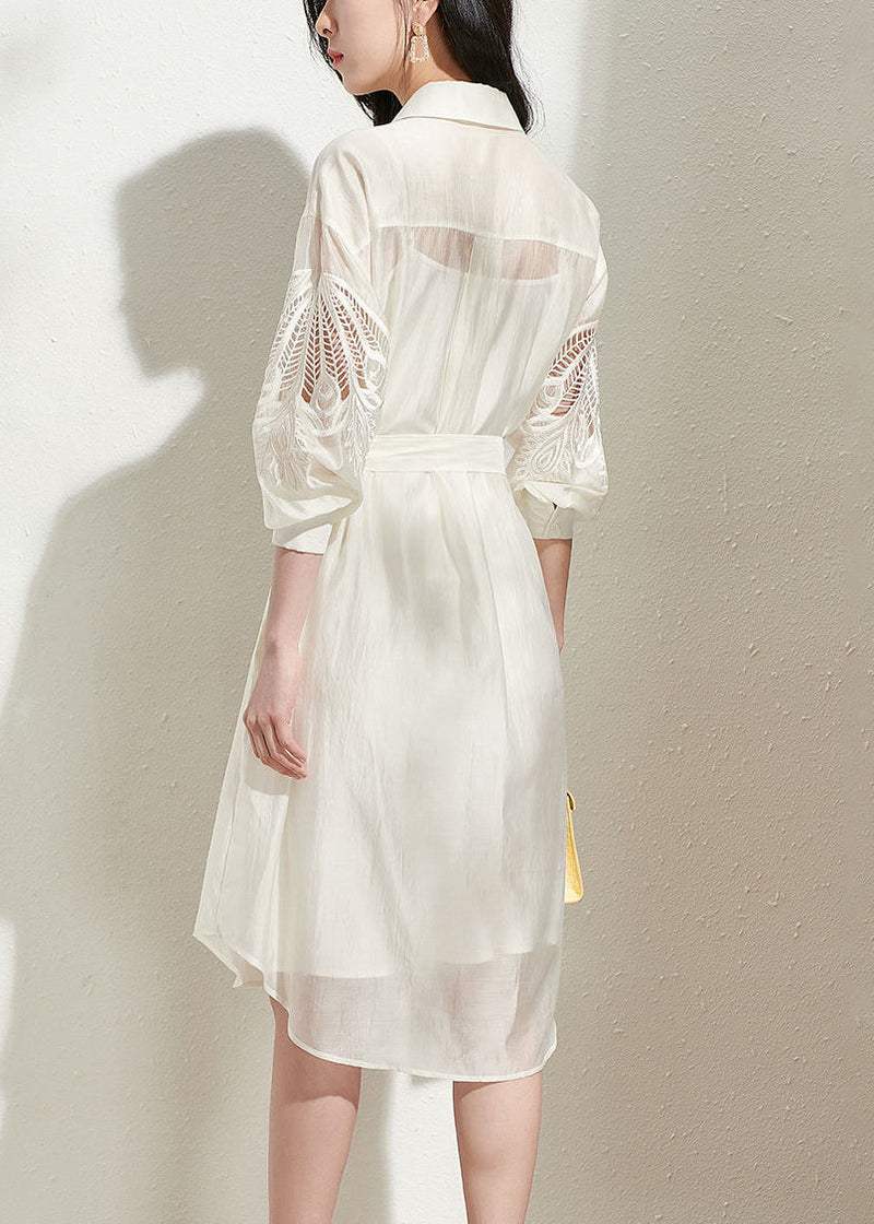 Loose Beige Hollow Out Tie Waist Shirts Dress and Spaghetti Strap Dress Silk Two Piece Set Fall
