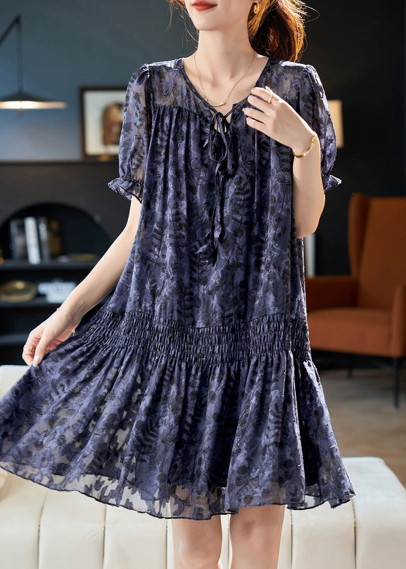 Navy V Neck Print Patchwork Chiffon Dress Summer