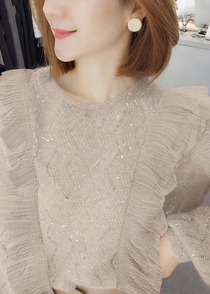 Apricot Ruffled Sequins Knit Two Pieces Set Spring