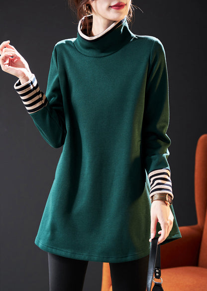 Blackish Green High Neck Patchwork Cotton Pullover Sweatshirt Spring