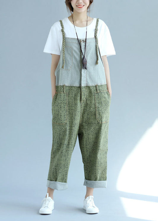 Green Pockets Patchwork Wide Leg Jumpsuit Spring
