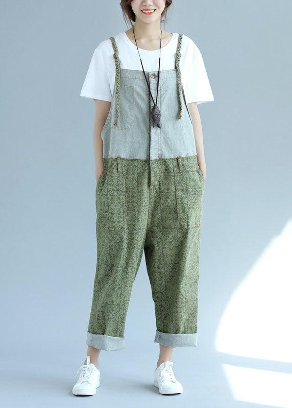 Green Pockets Patchwork Wide Leg Jumpsuit Spring