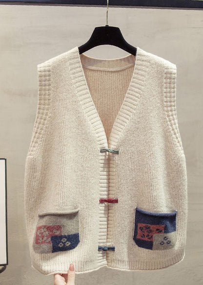 Art Dark Blue Chinese Button Patchwork Pockets Knitted Vests Spring