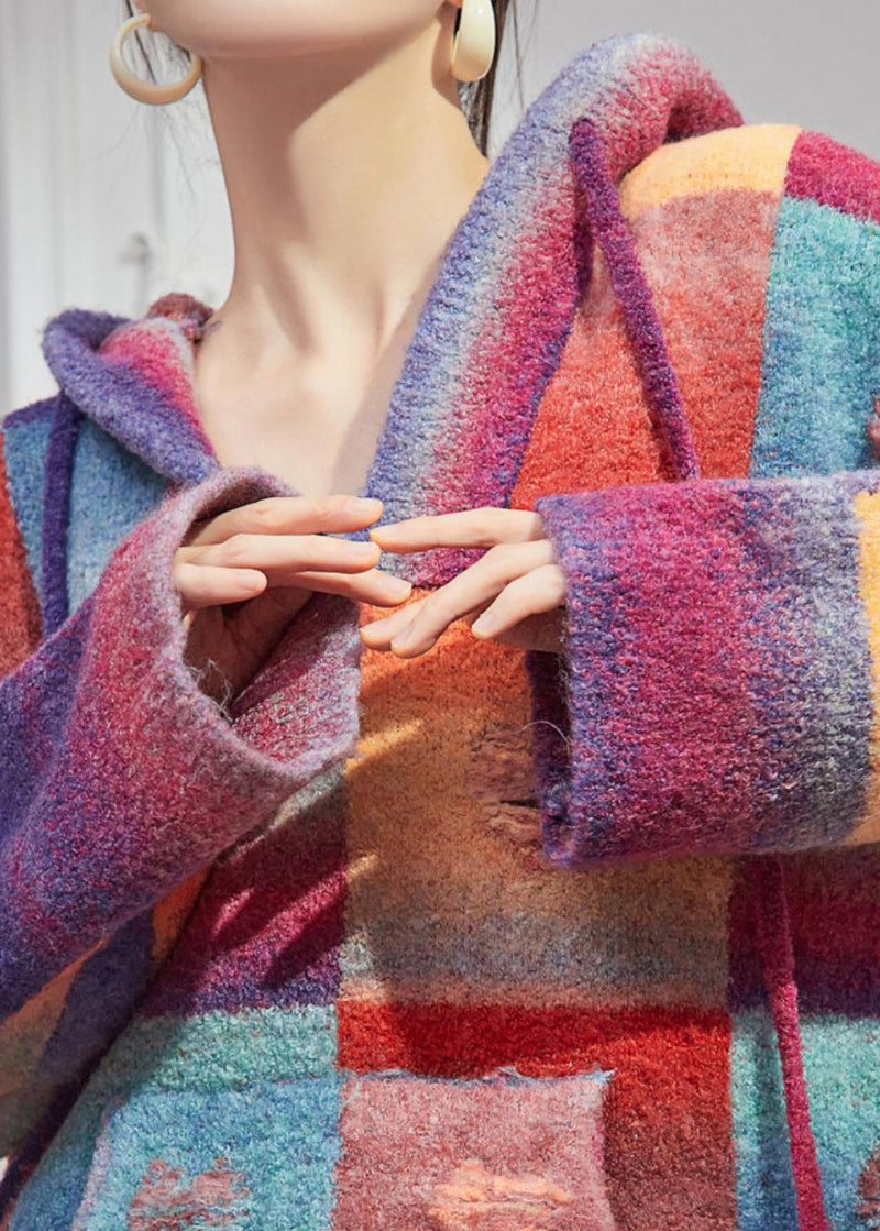 Rainbow Hole Hooded Sweaters and Maxi Skirts Knitted Cotton Thread Two Pieces Set Winter