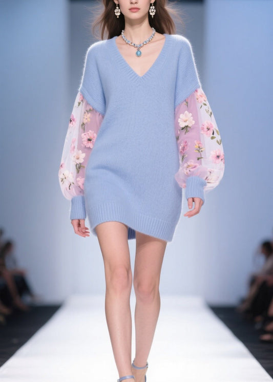 Diy Blue V Neck Tulle Patchwork Knit Sweater Dress Fall