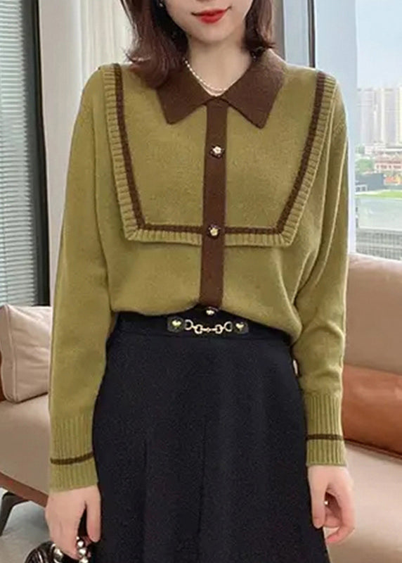 French Green Peter Pan Collar Patchwork Knitted Tops Fall