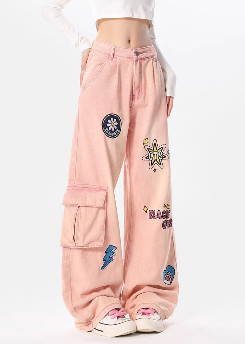 Italian Pink Embroideried Pockets Denim Wide Leg Pants Spring