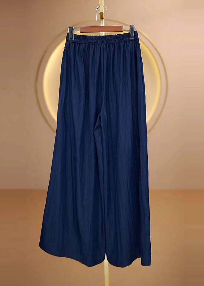 Blue Embroidered Elastic Waist Cotton Pants Fall
