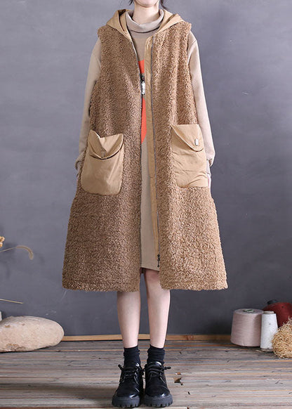 Modern Khaki Hooded Pockets Faux Fur Tank Tops Sleeveless