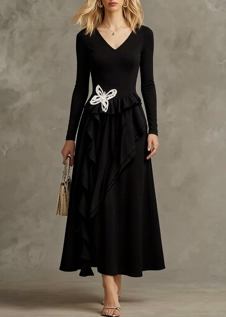 Black Butterfly Ruffled Cotton Long Dresses Asymmetrical Spring