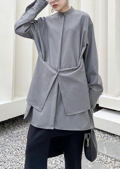 French Grey Asymmetrical Design Long Sleeve Spring Blouses
