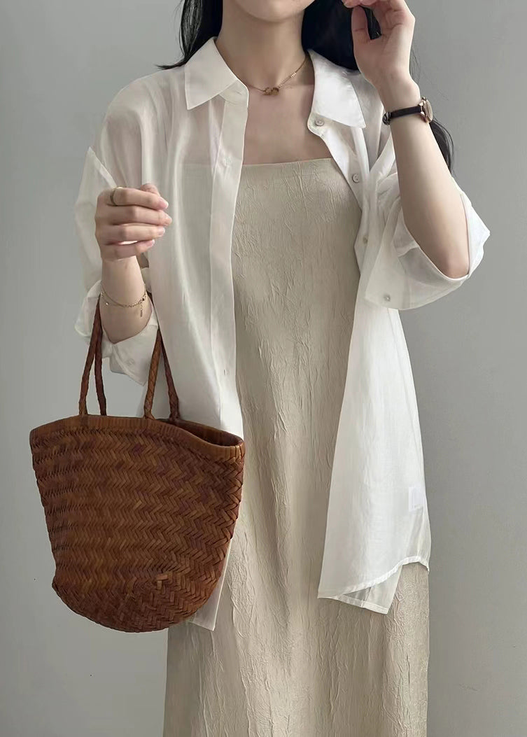 New White Lace Up Button Silk Shirt Long Sleeve Fall