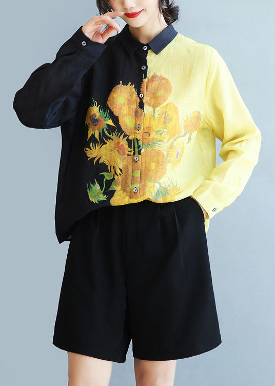 Black Peter Pan Collar Sunflower Print Linen Shirt Fall