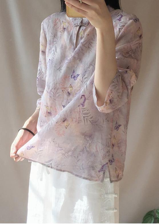 Light Purple Butterfly Printing Top Silhouette Stand Collar Midi Top