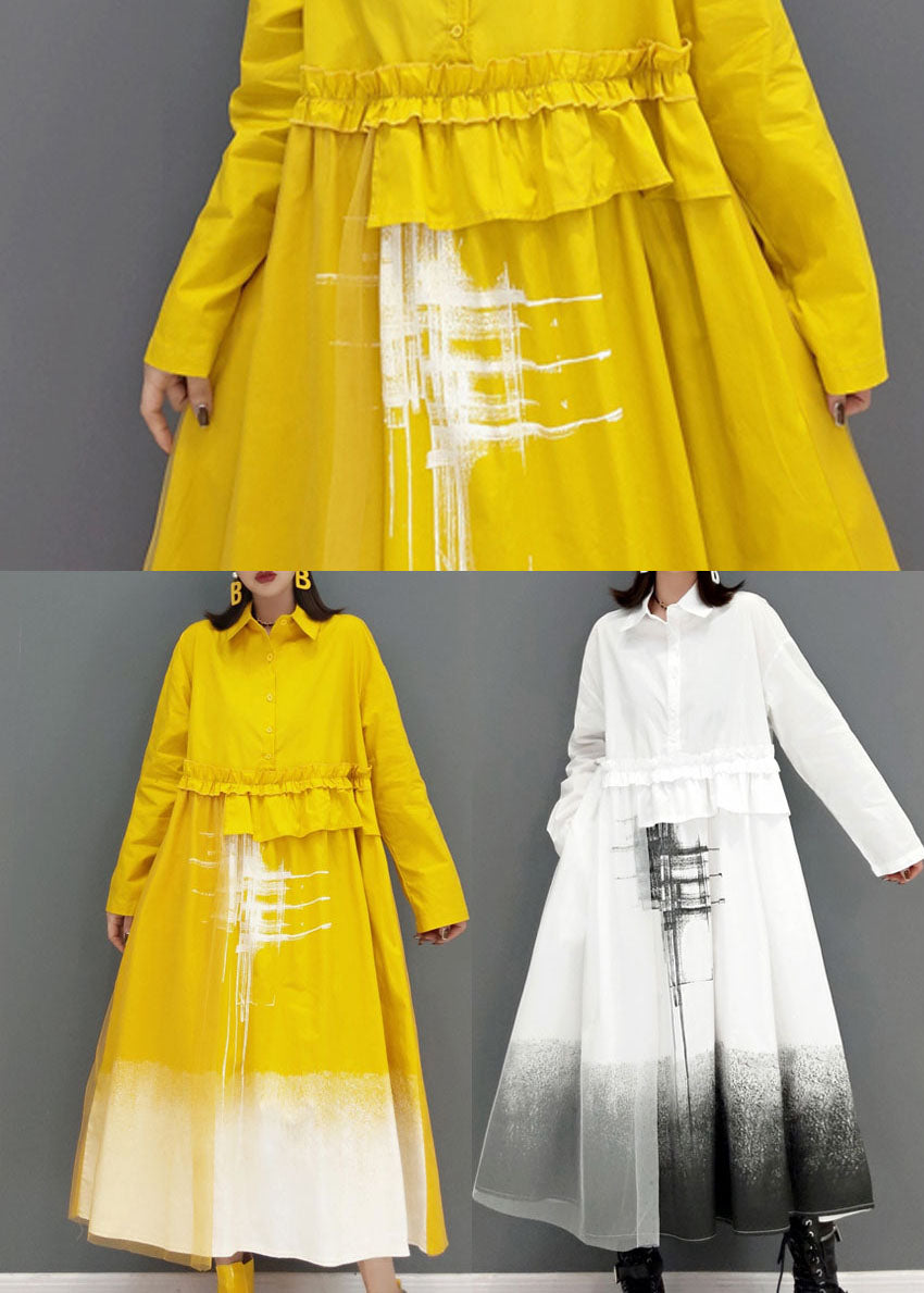 Yellow Print Long Dress Button Cinched Spring