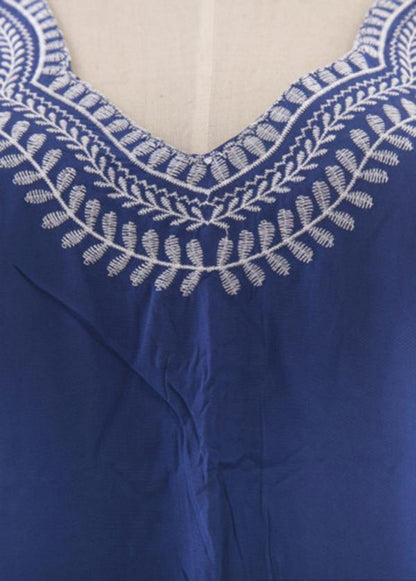 Classy Blue Embroideried Oriental Beach Gown Mid Summer Cotton Dress