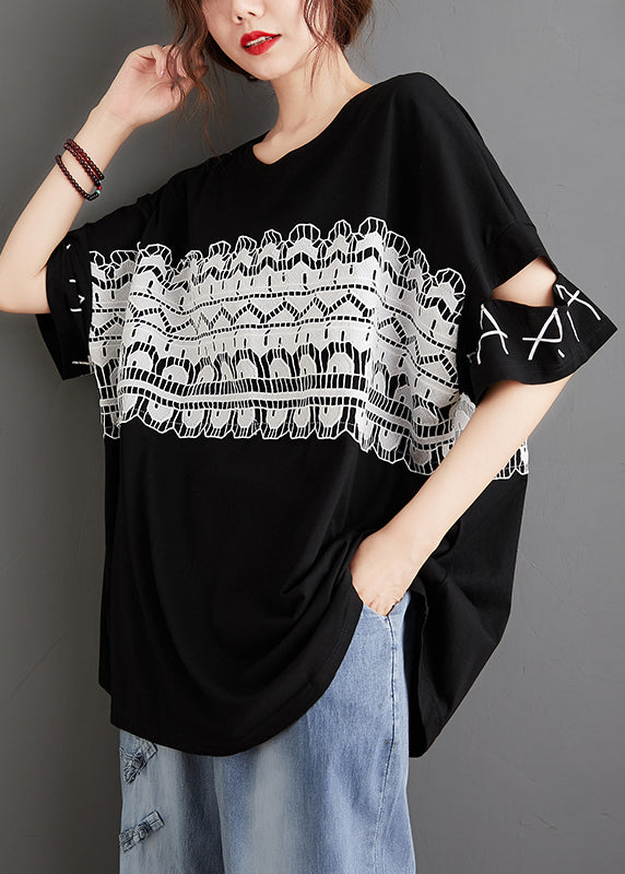 French Black O-neck Hollow Out Lace Patchwork Top Short Sleeve