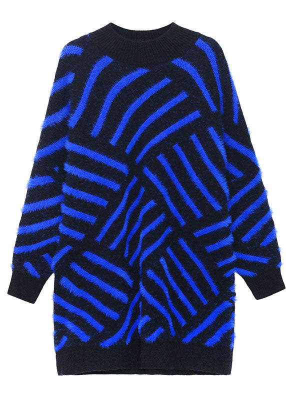 Blue Striped Mink Velvet Fall Knit Sweaters