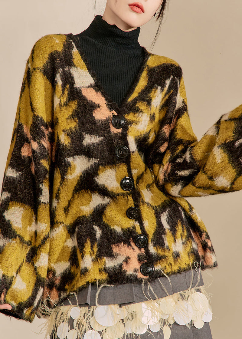 Colorblock V Neck Print Button Cotton Knit Cardigans Winter