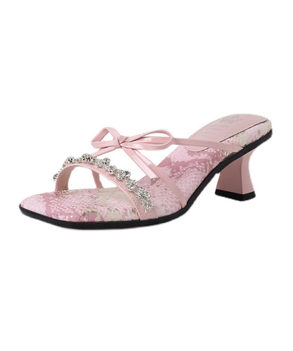Stylish Pink Zircon Bow Splicing Chunky Heels Slide Sandals