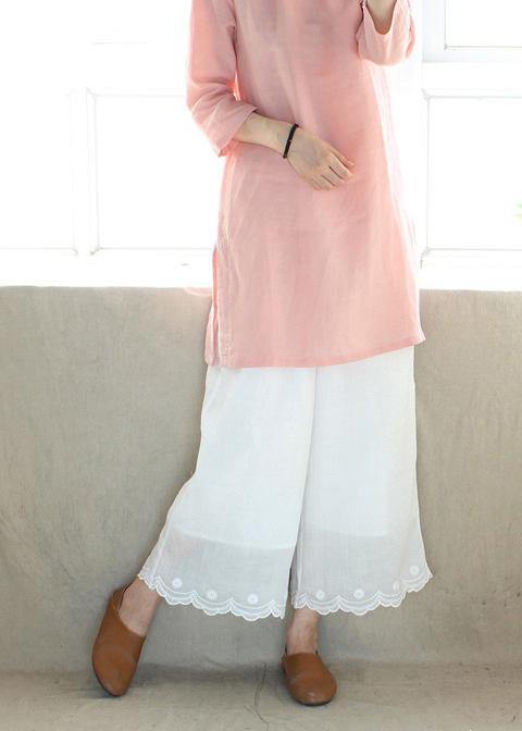 Loose Summer White Embroidery Shape Elastic Waist Pant