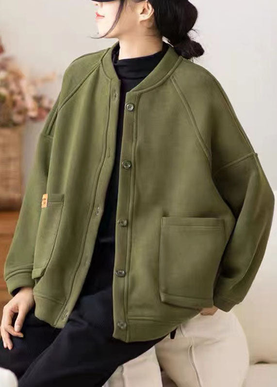 Army Green O-neck Pockets Patchwork O-neck Fleece Coat Winter