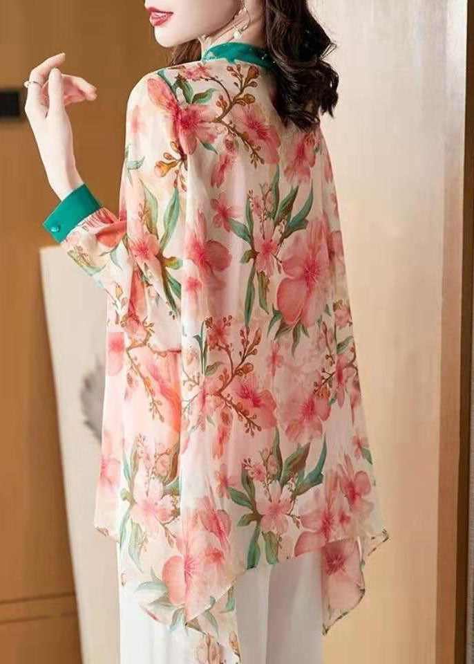 Pink Asymmetrical Patchwork Print Chiffon Top Spring