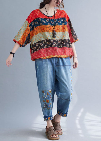 Print V Neck Patchwork Loose Drawstring Fall Blouses Half Sleeve