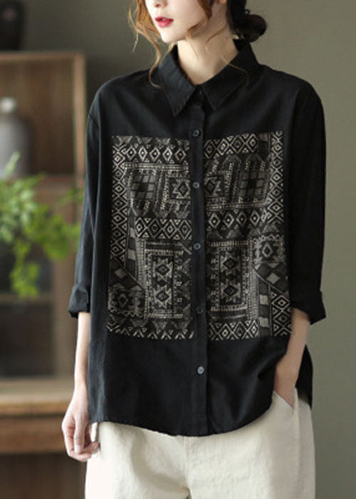 Black Peter Pan Collar Print Cotton Shirt Tops Long Sleeve