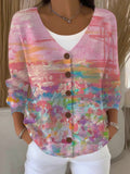 Women's Casual Pink Oil Painting Cardigan elevenforest