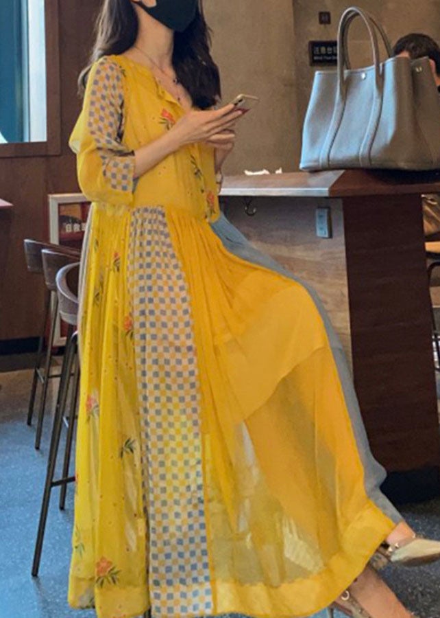 Yellow Print Patchwork Chiffon Vacation Dresses Spring