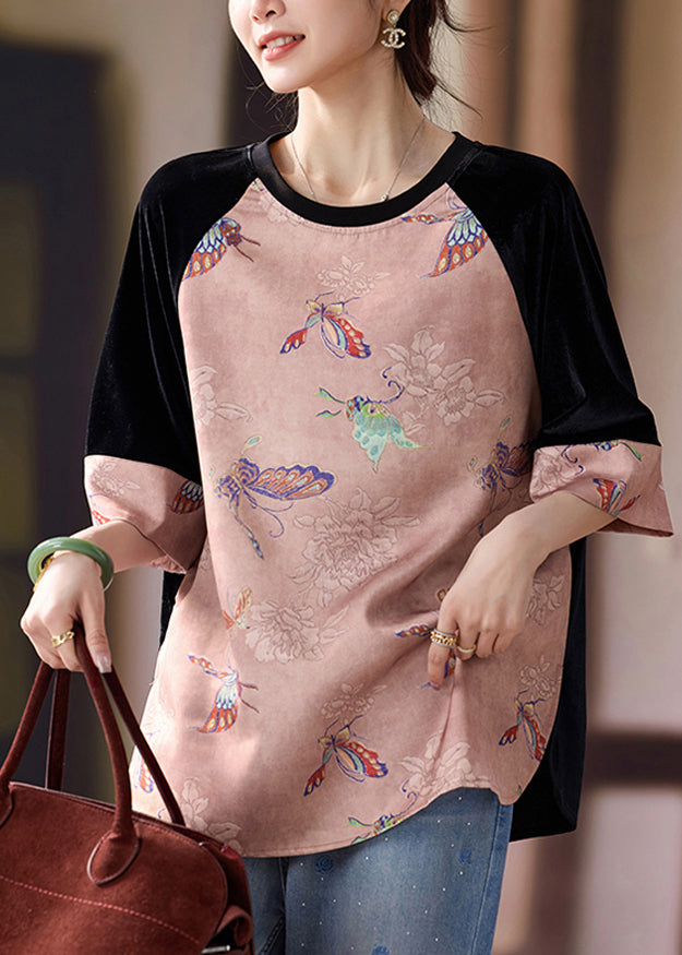 Pink Patchwork Cotton Oriental Tanks Butterfly Print Half Sleeve