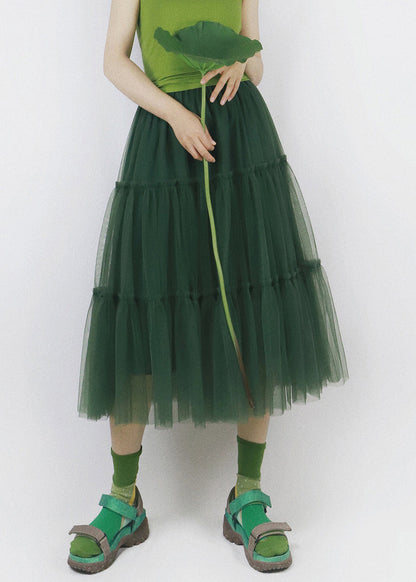 Green Ruffled Elastic Waist Tulle Skirt Summer