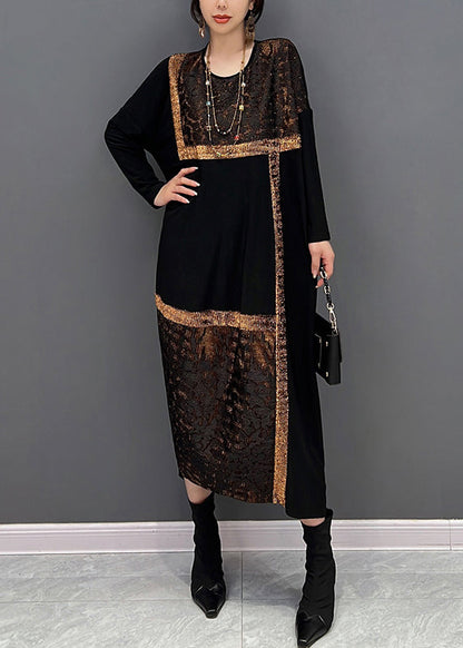 Black O Neck Organza Patchwork Cotton Dress Fall