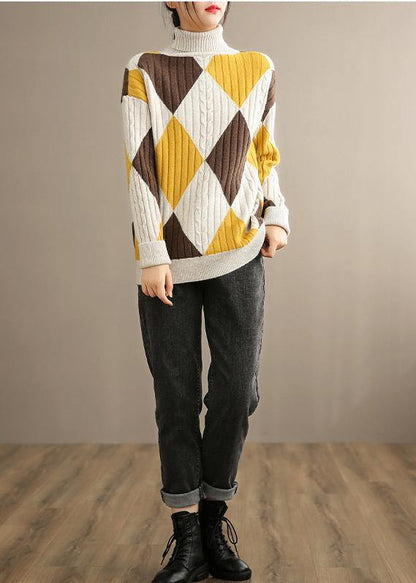 Oversized Beige Yellow Plaid Knitted Clothes High Neck Knitwear