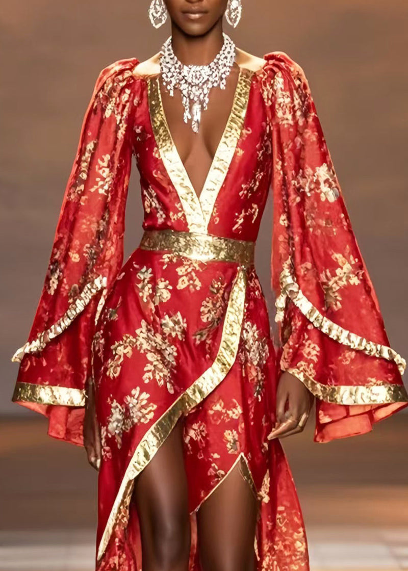 New Retro Chinese Red Asymmetrical Design Chiffon Wedding Dress Flare Sleeve Spring